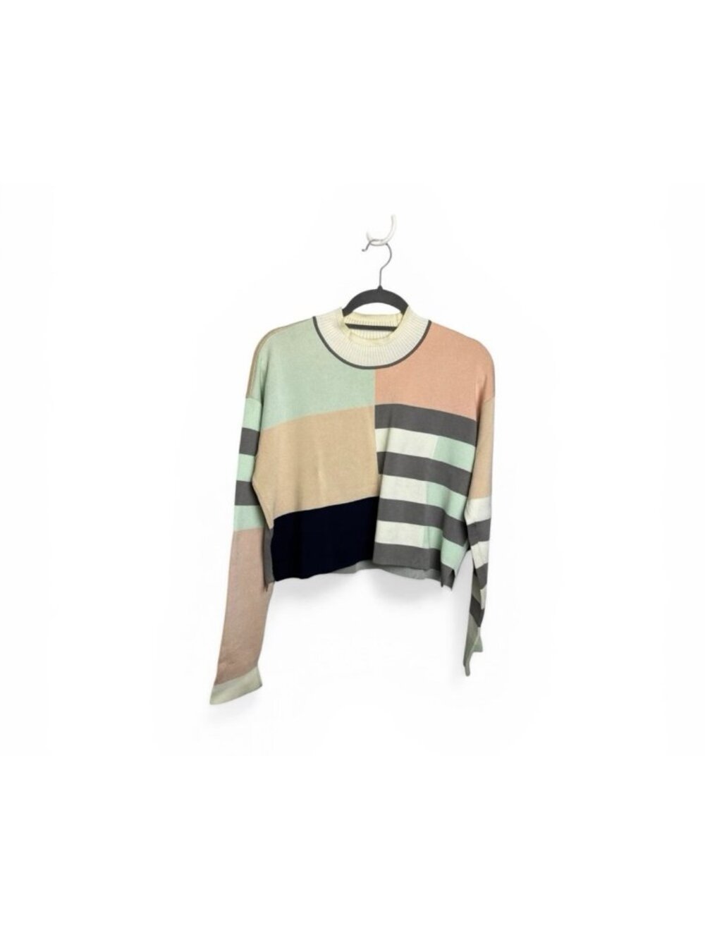Club Monaco multicolor colorblock preppy mock neck cropped sweater Large viscose - Picture 2 of 7